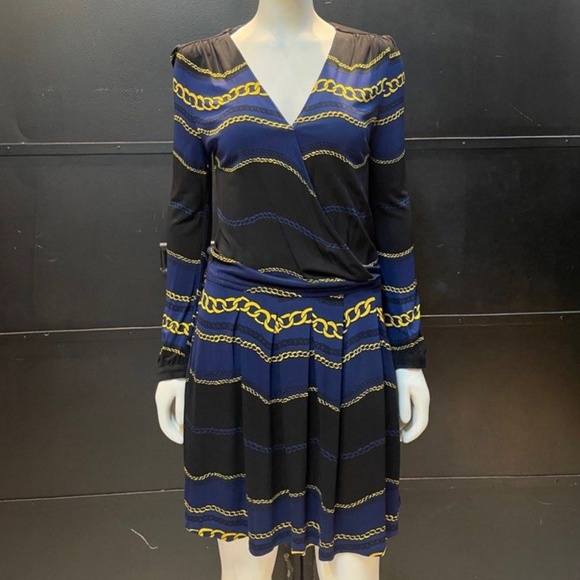 vintage Y2K Juicy Couture Mini dress Faux Wrap Scarf Chains print Navy Black L - Picture 1 of 13